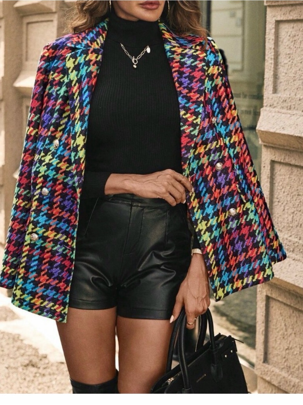 Multicolor Casual Women's Colored Houndstooth Print Lapel Long Sleeve Coat